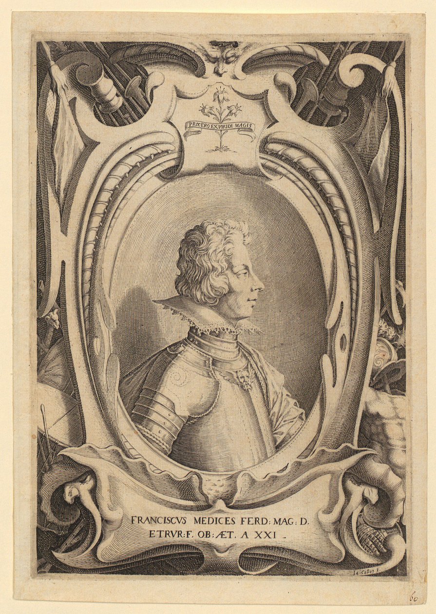 Francesco de’ Medicin muotokuva, sarjan ”Francesco de’ Medicin hautajaisten yhteydessä tehdyt kuparipiirrokset” 2. arkki tekijältä Jacques Callot