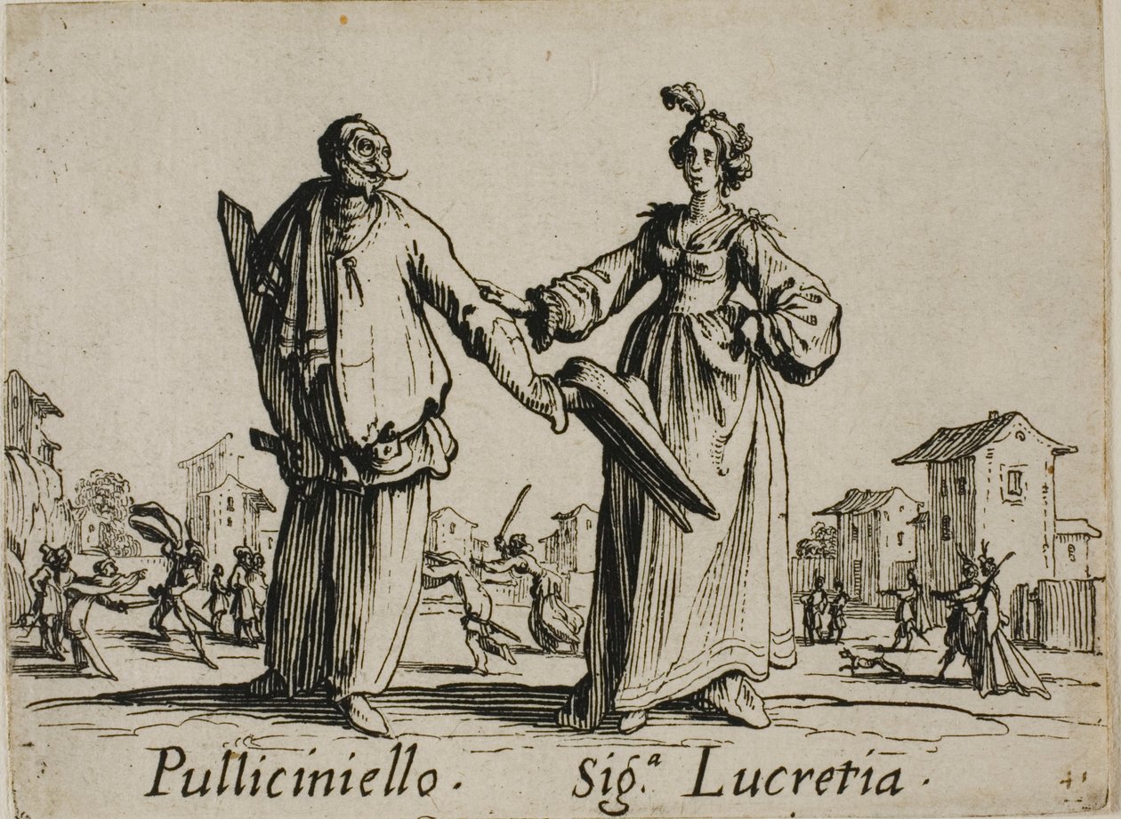 Pulliciniello - Signora Lucretia, laatta 9 teoksesta Balli di Sfessania (Balli di Sfessania) tekijältä Jacques Callot