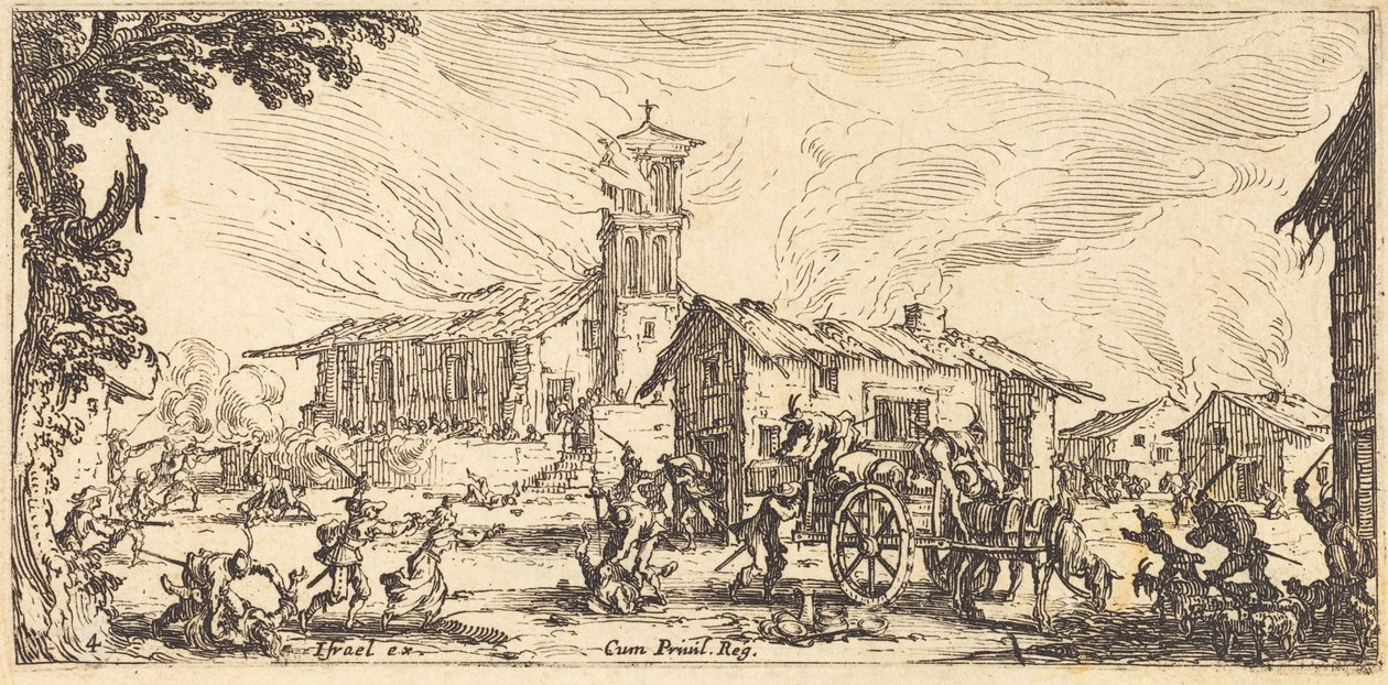 Kylän ryöstäminen ja polttaminen tekijältä Jacques Callot