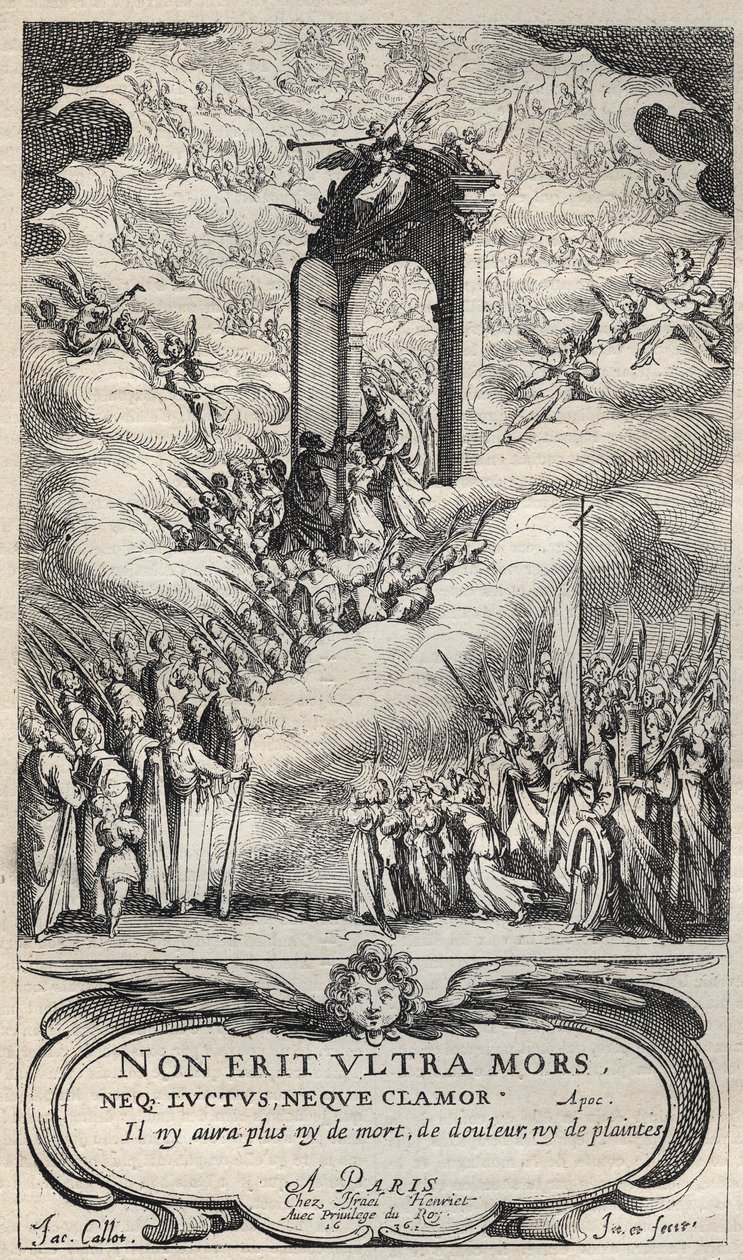Pyhät ja pyhät kiirehtivät paratiisin ovelle - sävellys ja kaiverrus Jacques Callot (1592-1635) tekijältä Jacques Callot