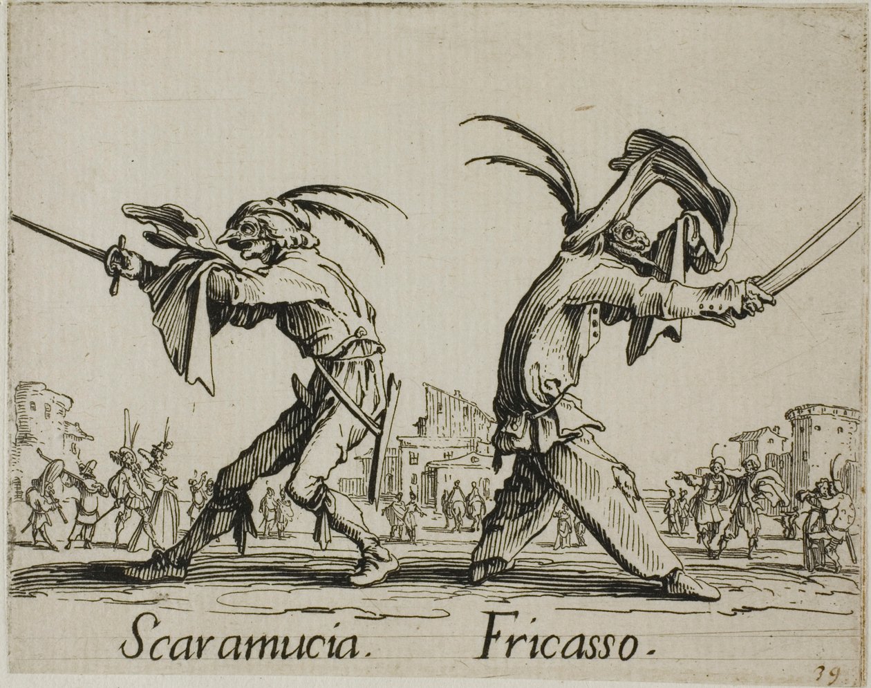 Scaramuccia - Fricasso, lautanen 11 alkaen Balli di Sfessaniaa tekijältä Jacques Callot