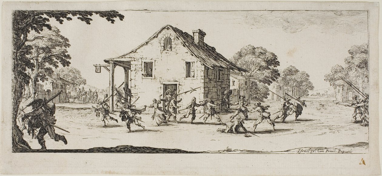 Ryöstökohtaus, levy neljä teoksesta The Miseries of War (Sodan kurjuudet) tekijältä Jacques Callot