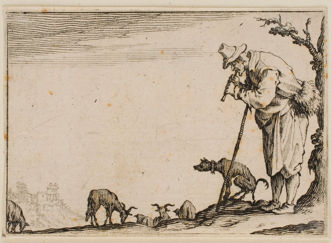 ”Huilua soittava paimen”, teoksesta ”The Caprices” (Firenzen painos) tekijältä Jacques Callot