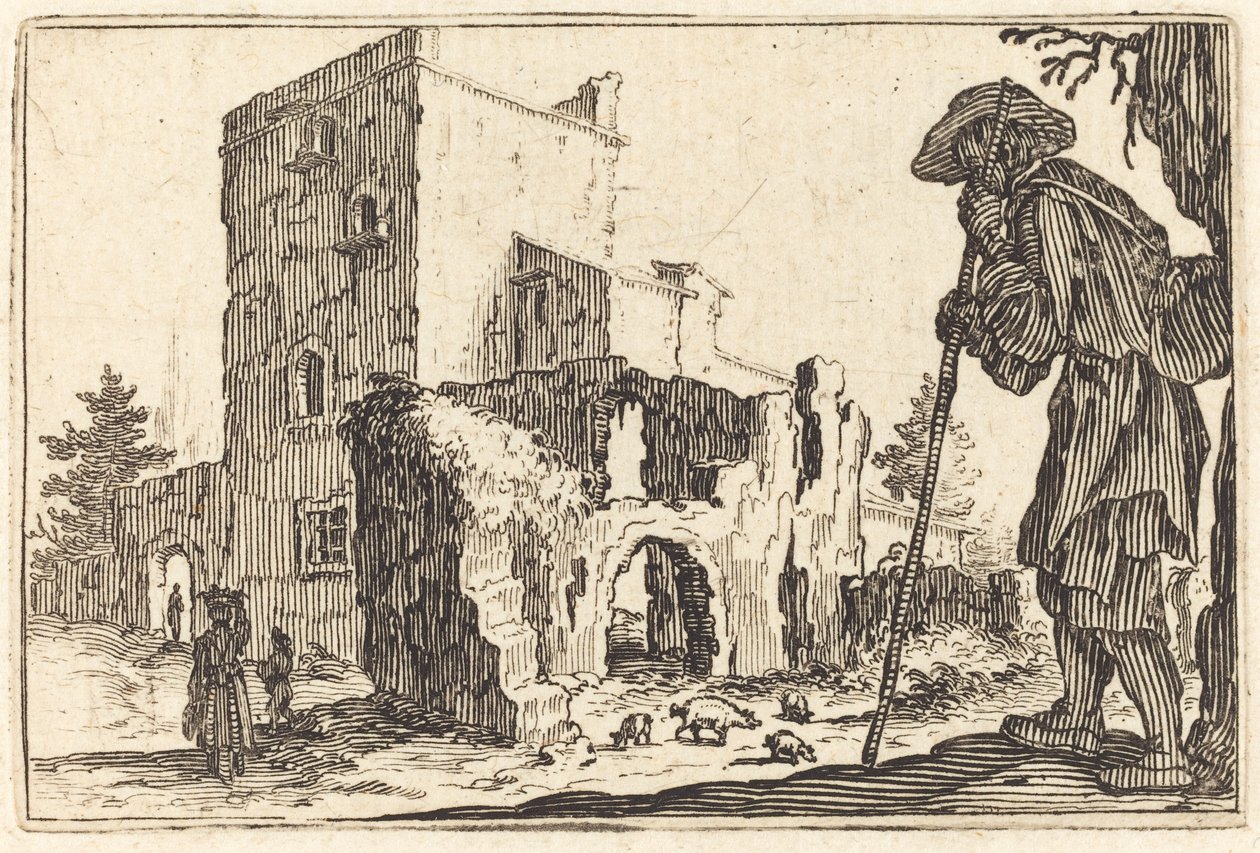 Paimen ja rauniot, n. 1622. tekijältä Jacques Callot