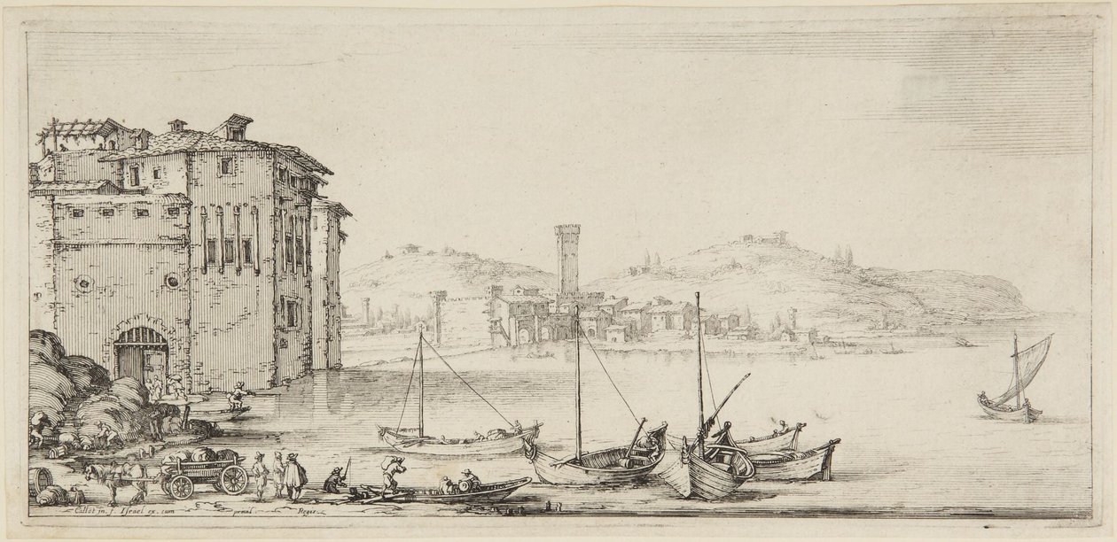 Laivoja lastataan, sarjasta Diverse Vedute Designate in Fiorenza (Erilaisia Firenzessä suunniteltuja maisemia) tekijältä Jacques Callot