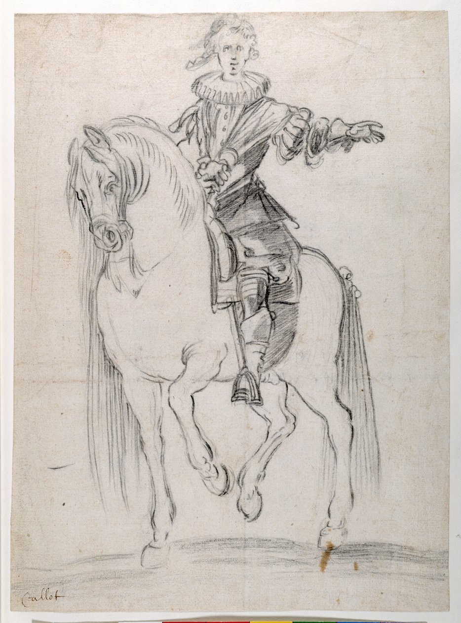 Luonnos Ludvig XIII:lle hevosen selässä (musta liitu paperille) tekijältä Jacques Callot