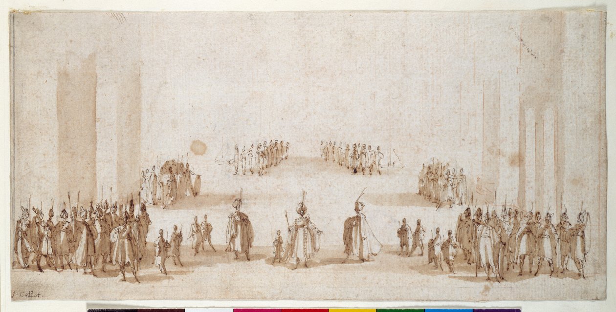 Luonnos hahmoryhmien lavastusta varten "Il Solimanossa" (kynä ja ruskea muste ruskealla pesulla punaisen liidun päällä) tekijältä Jacques Callot