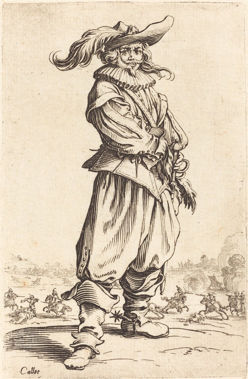 Sotilas, jolla on höyhenhattu, n. 16201623. tekijältä Jacques Callot
