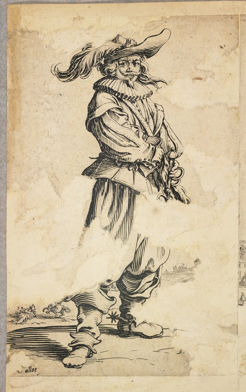 Sotilas, jolla on höyhenhattu, La Noblesse de Lorrainesta (verso), n. 1620-23 tekijältä Jacques Callot