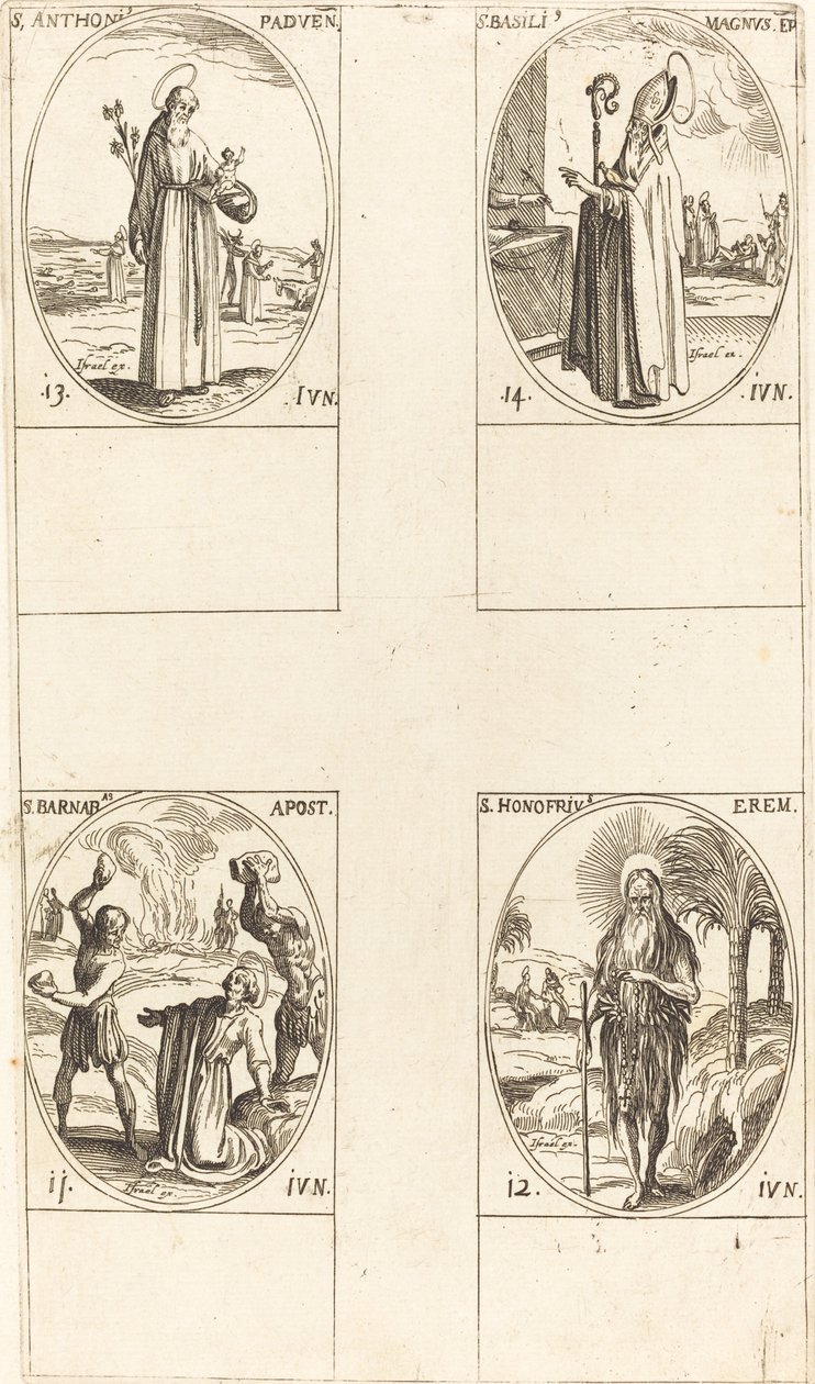 Pyhä Barnabas, apostoli, pyhä Honofrius, pyhä Antonius Padovalainen, pyhä Vasilis Suuri. tekijältä Jacques Callot