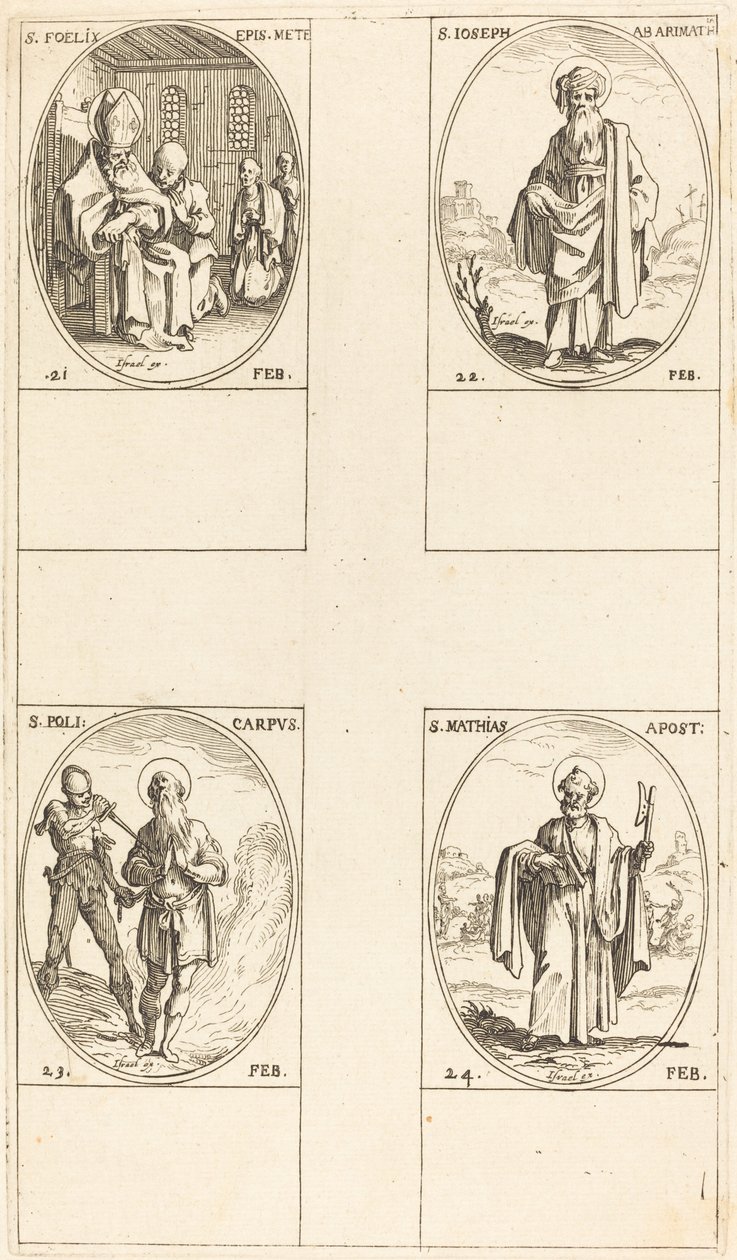 Pyhä Felix; Pyhä Joosef Arimatialainen; St. Polycarpe; Pyhä Mattias, apostoli tekijältä Jacques Callot