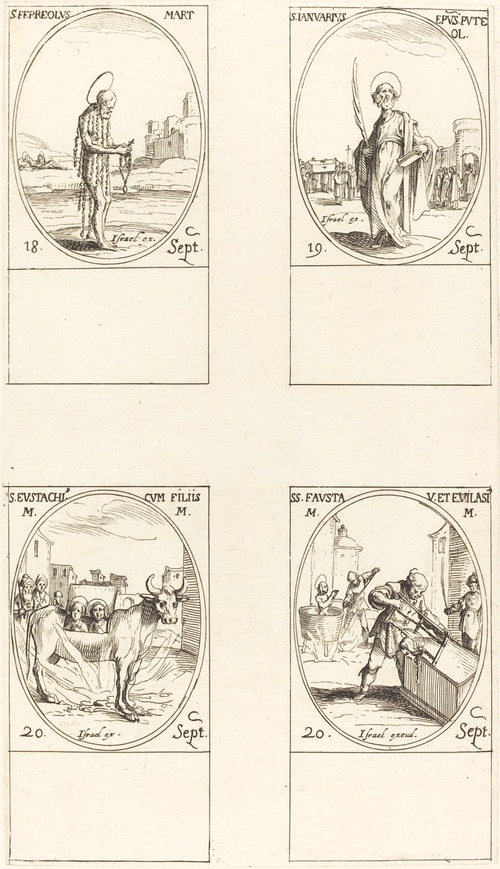St. Ferreolus, St. tammikuuta, St. Eustace ja hänen lapsensa, Sts. Fausta & Evelasius. tekijältä Jacques Callot