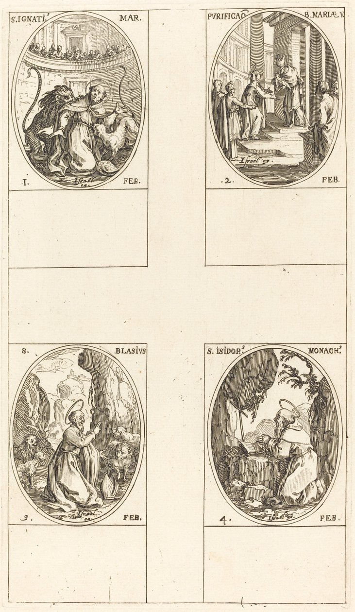 Pyhä Ignatius; Neitsyen puhdistaminen; St. Blaise; Pyhä Isidore tekijältä Jacques Callot