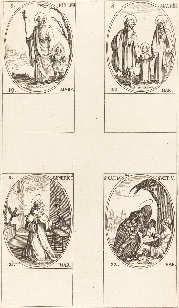 St. Joseph, St. Joachim, St. Benedict, Abbot, St. Catharine of Sweden. tekijältä Jacques Callot