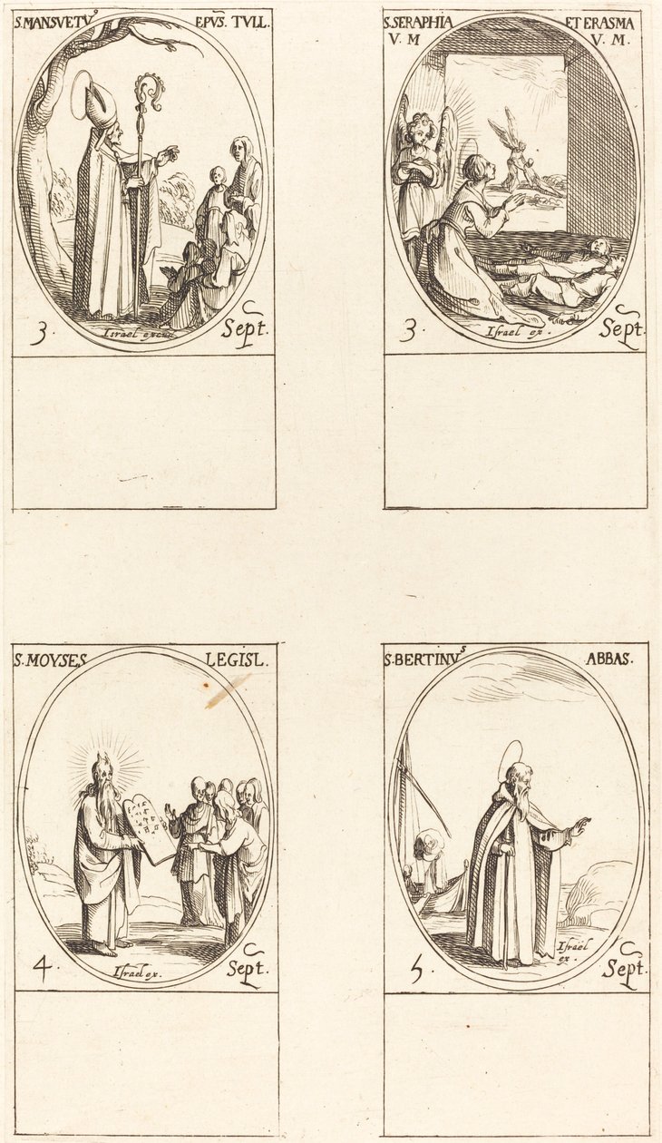 St. Louis Mansuetus; Sts. Serapia ja Erasmus; Mooses; St. Louis Bertin, apotti tekijältä Jacques Callot