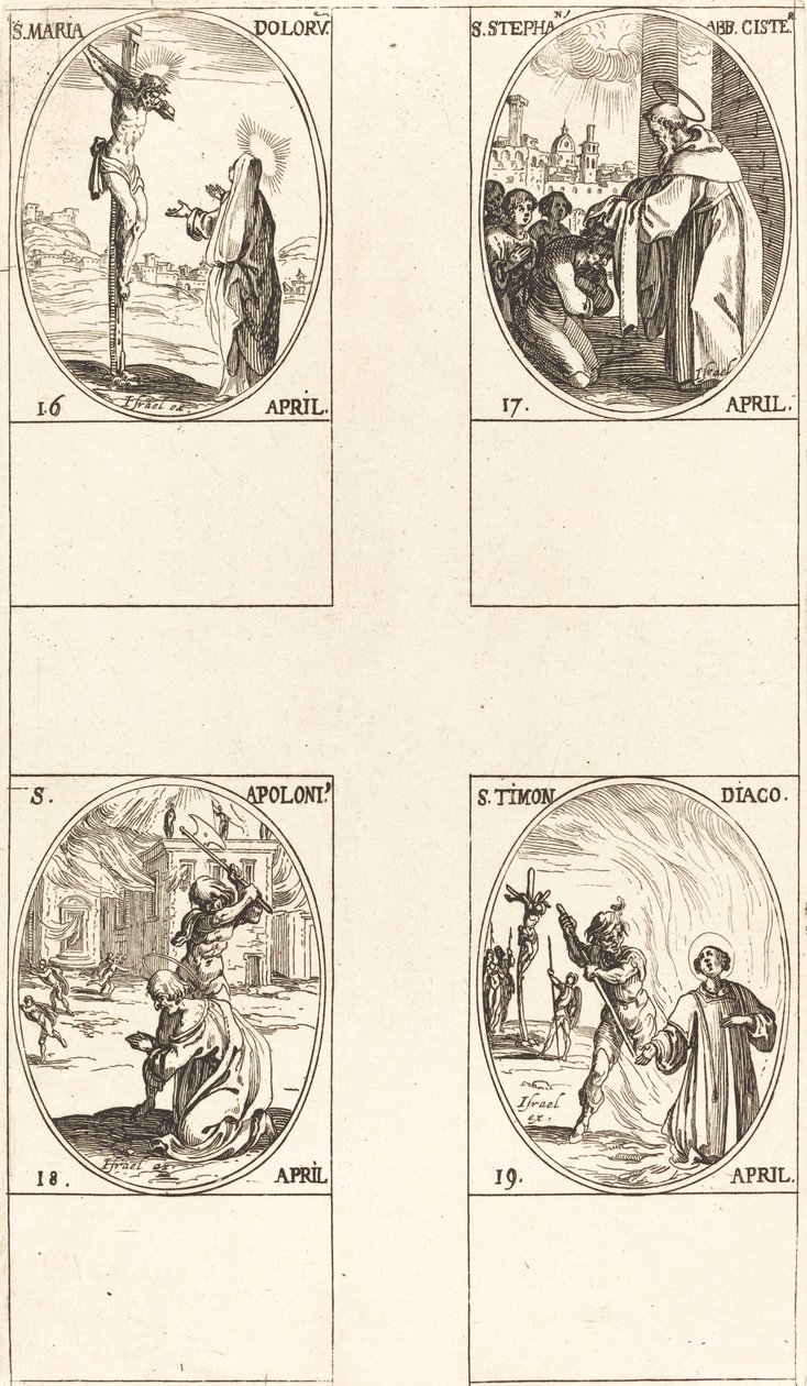 St. Maria Doloru; St. Stephen, apotti; St. Apollo; St. pyörä tekijältä Jacques Callot