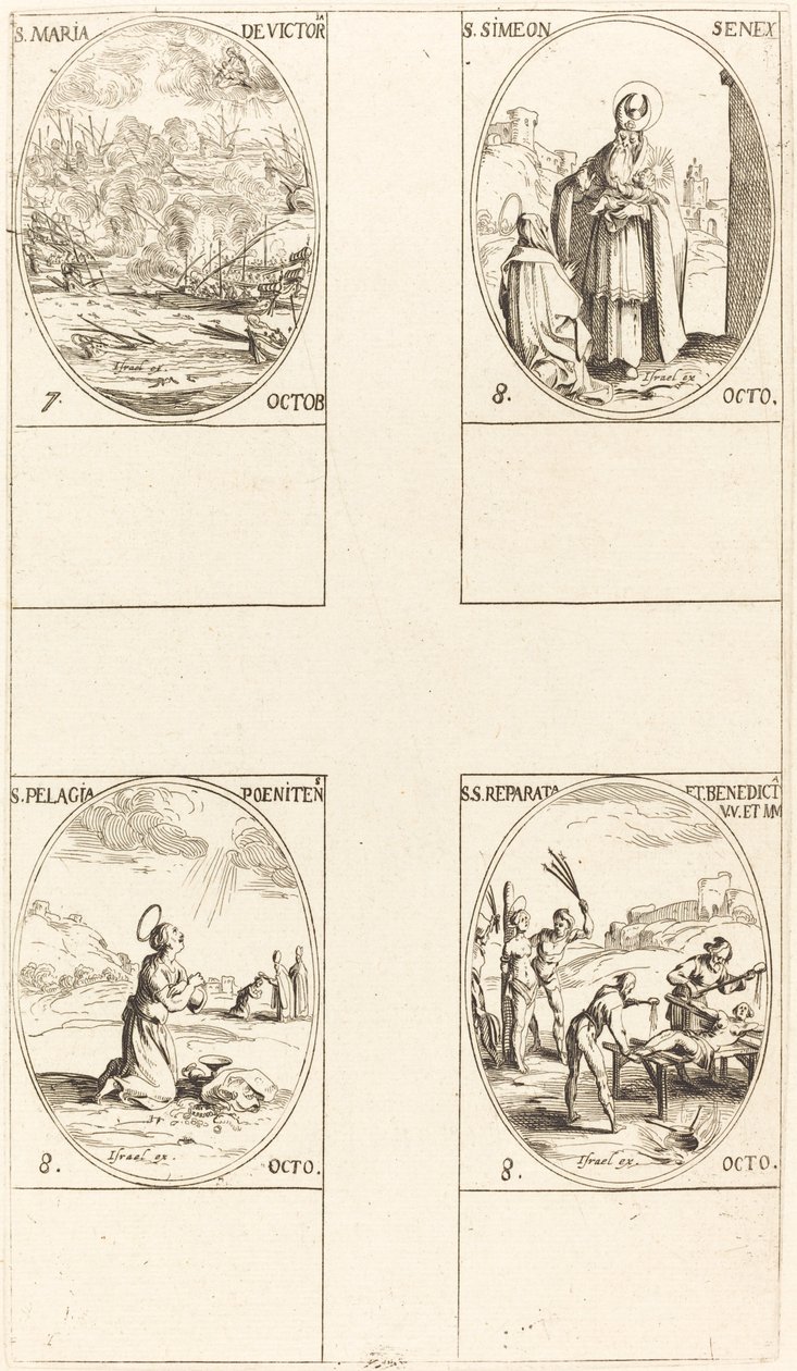 Pyhän Marian voiton; Pyhä Simeon, profeetta; St. Pelagia; Sts. Reparata ja Benedicta tekijältä Jacques Callot