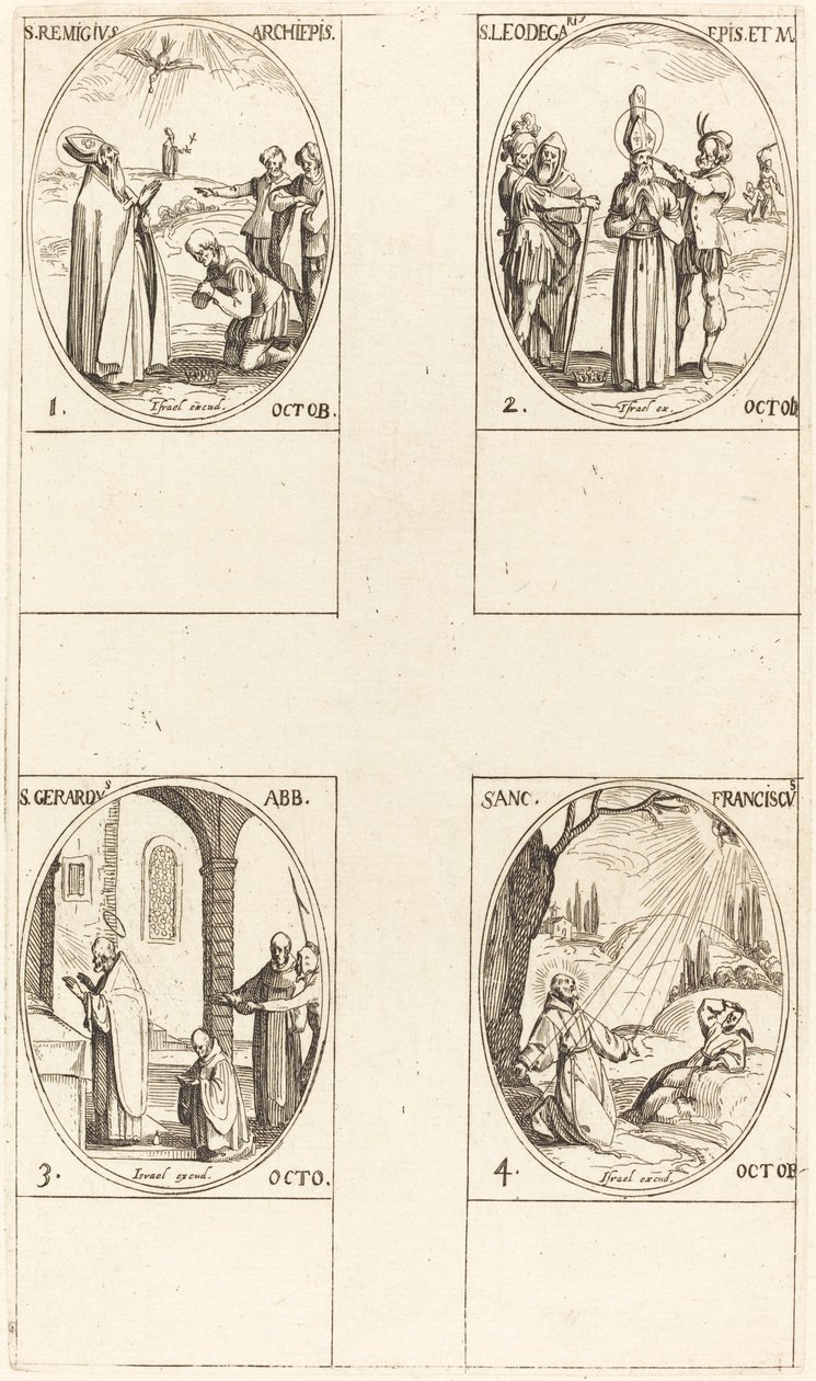 St. Remigius; St. Leodegarius; St. Gerard, apotti; St. Franciscus Assisilainen tekijältä Jacques Callot