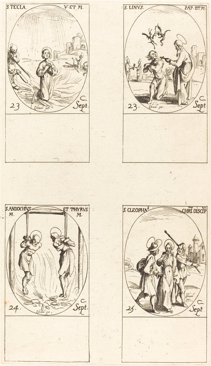 St. Thecla, St. Linus, Sts. Andochius ja Thyrsus, St. Kleopas tekijältä Jacques Callot