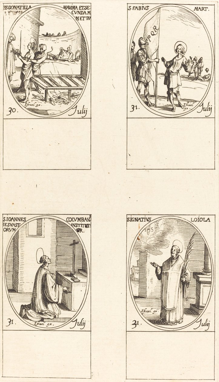 Pyhät Donatilla, Suurin & Toinen; St. Fabius; St. John Colombini; St. Ignatius Loyolalainen tekijältä Jacques Callot