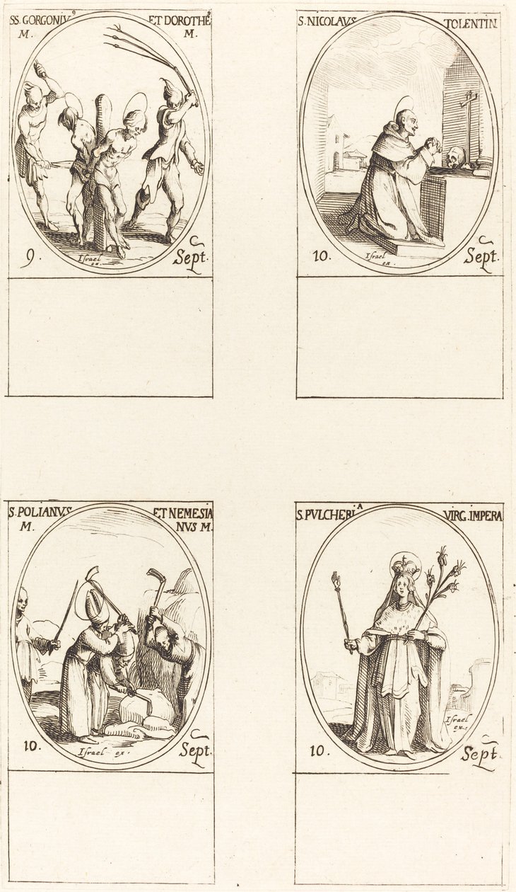 Pyhät Gorgonius ja Dorothy, St. Nikolaus Tolentinolainen, St. Polianus & Nemesian, St. Pul. tekijältä Jacques Callot