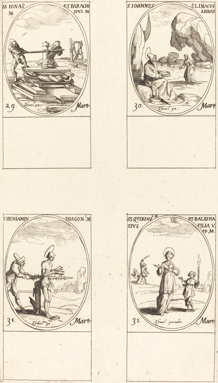 Sts. Joona ja Barachisius; St. Louis John Climacus, apotti; St. Louis Benjamin; Sts. Quirinus & Bal tekijältä Jacques Callot