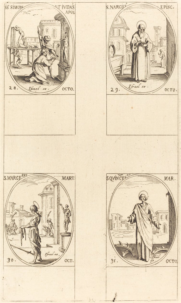 Sts. Simon ja Juudas, apostolit; St. Narcissus; St. Marcellus; St. Quintin tekijältä Jacques Callot