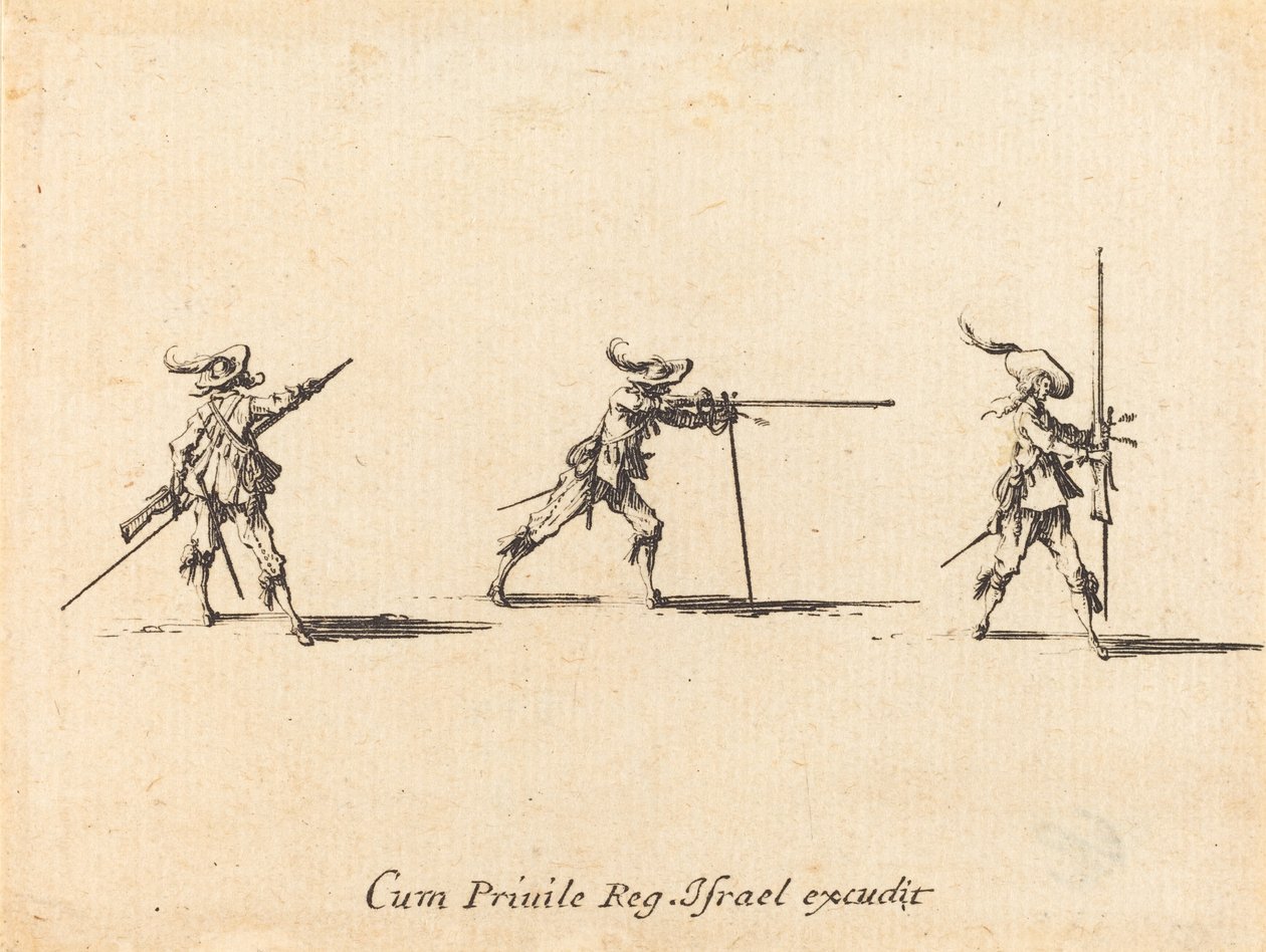 Ottaa ampuma-asennon musketin kanssa, 16341635. tekijältä Jacques Callot