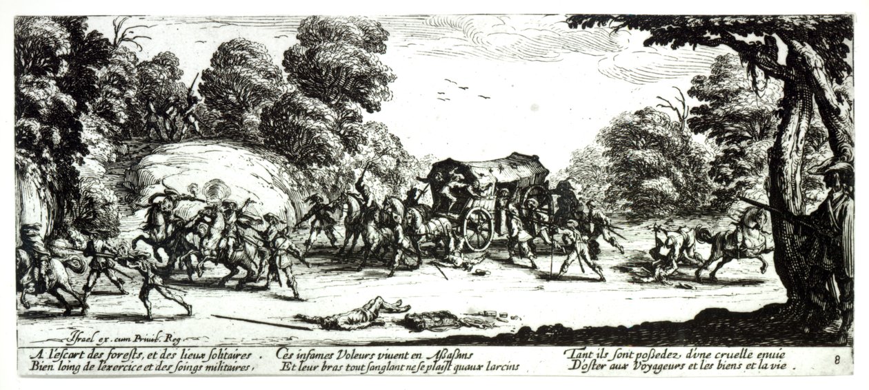 The Attack on the Stagecoach, levy 8 teoksesta "The Miseries and Fortunes of War", kaiverrus Israel Henriet (n. 1590-1661) 1633 tekijältä Jacques Callot