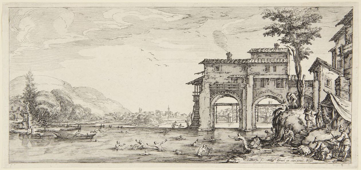 Teos ”Uimarit”, sarjasta ”Paysages Gravées pour Jean de Médicis, Paysages Dessinés à Florence” (Maisemia Giovanni de Medicille tai Firenzessä piirretyt maisemat) tekijältä Jacques Callot
