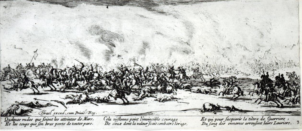 Taistelu, levy 3 teoksesta "The Miseries and Fortunes of War", kaiverrus Israel Henriet (n. 1590-1661) 1633 tekijältä Jacques Callot