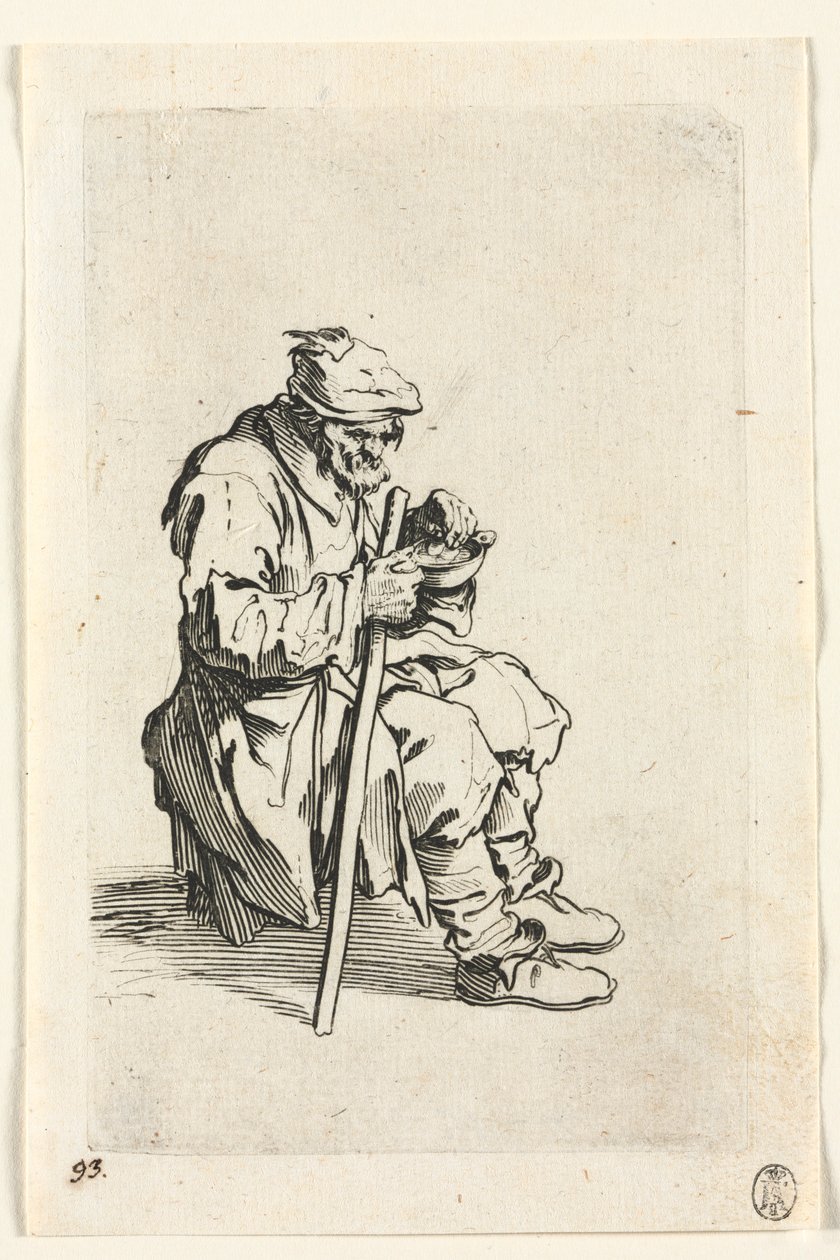 Kerjäläiset: Kerjäläinen istuu ja syö, c. 1623. tekijältä Jacques Callot