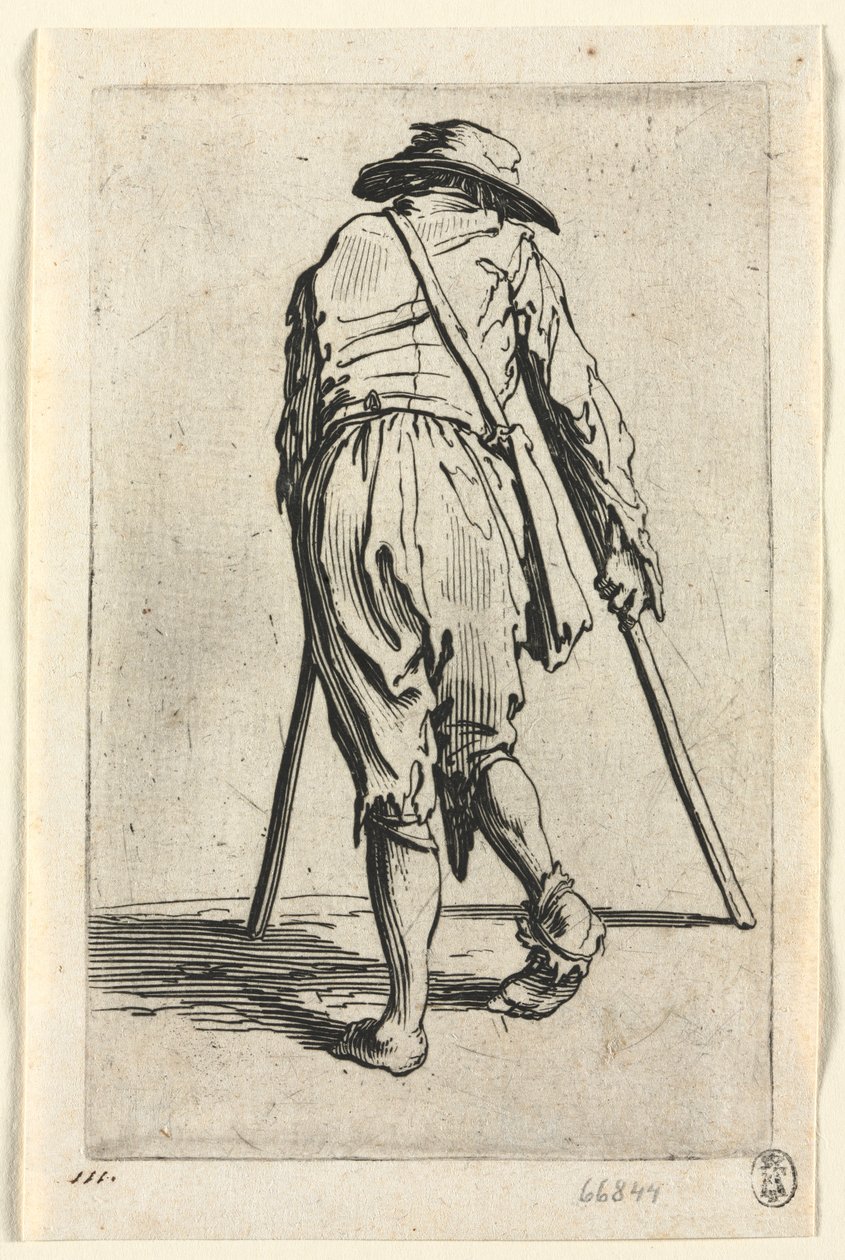 Kerjäläiset: Kerjäläinen kainalosauvoilla, hattu päällään, c. 1623. tekijältä Jacques Callot