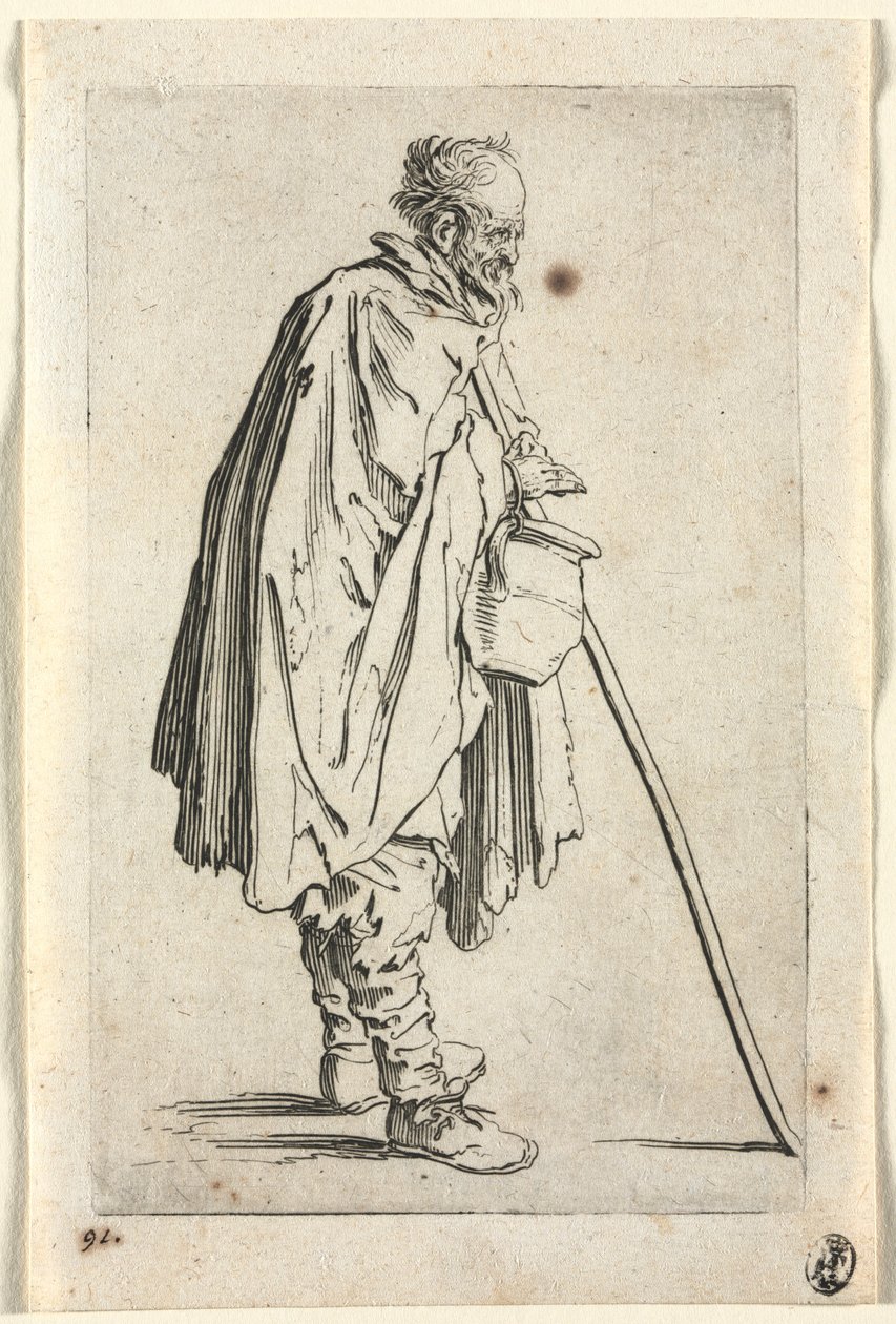 Kerjäläiset: Kerjäläinen ruukun kanssa, c. 1623. tekijältä Jacques Callot