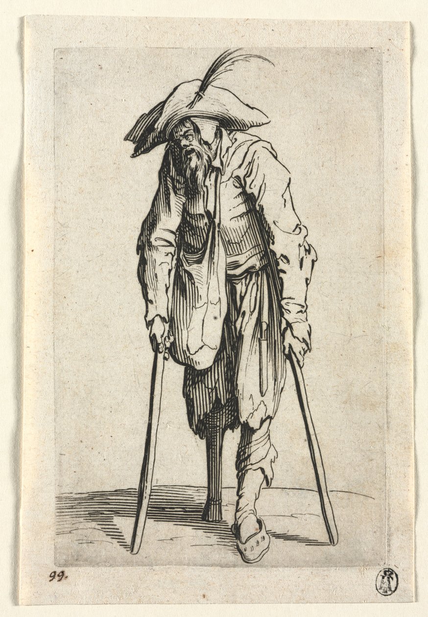 Kerjäläiset: Kerjäläinen, jolla on puujalka tekijältä Jacques Callot