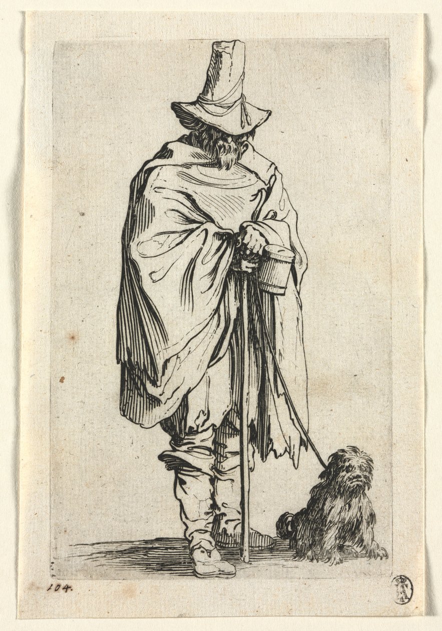Kerjäläiset: Sokea mies koiransa kanssa, n. 1623. tekijältä Jacques Callot