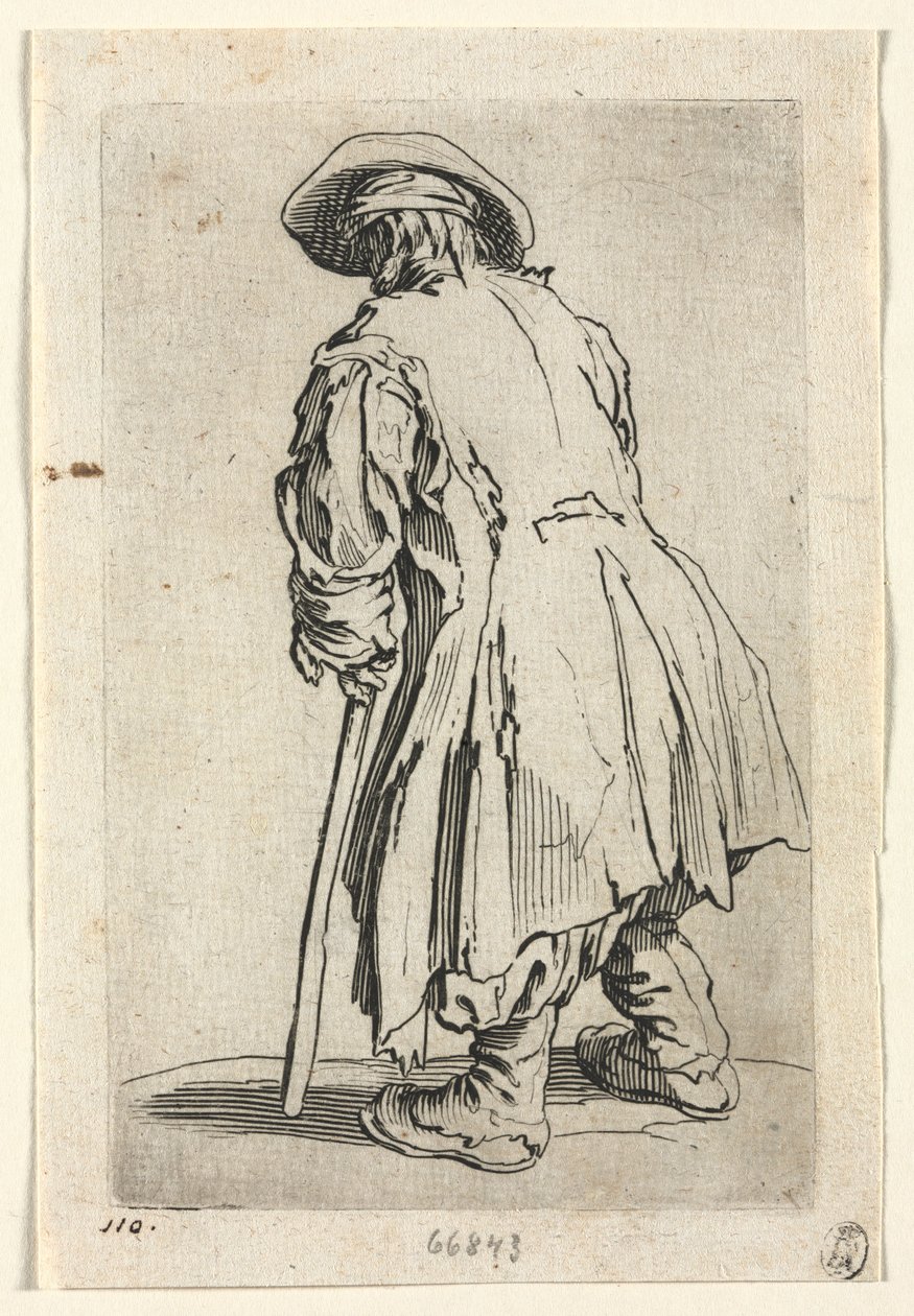 Kerjäläiset: Old Beggar on One Single Crutch, n. 1623. tekijältä Jacques Callot