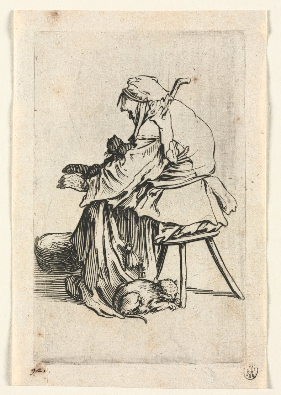 Kerjäläiset: Vanha nainen ja kissat, n. 1623. tekijältä Jacques Callot