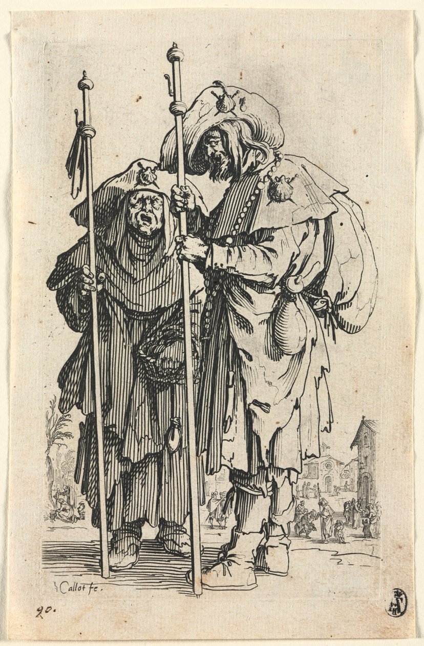 Kerjäläiset: Kaksi pyhiinvaeltajaa, n. 1623. tekijältä Jacques Callot