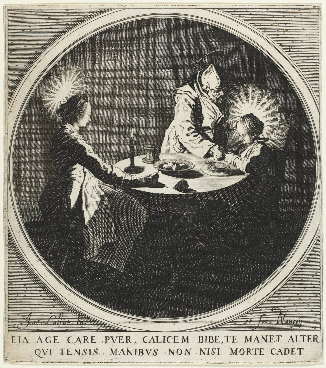 Siunaus Le Bénédicité, joka tunnetaan myös nimellä Pyhä perhe pöydässä, 1628. tekijältä Jacques Callot