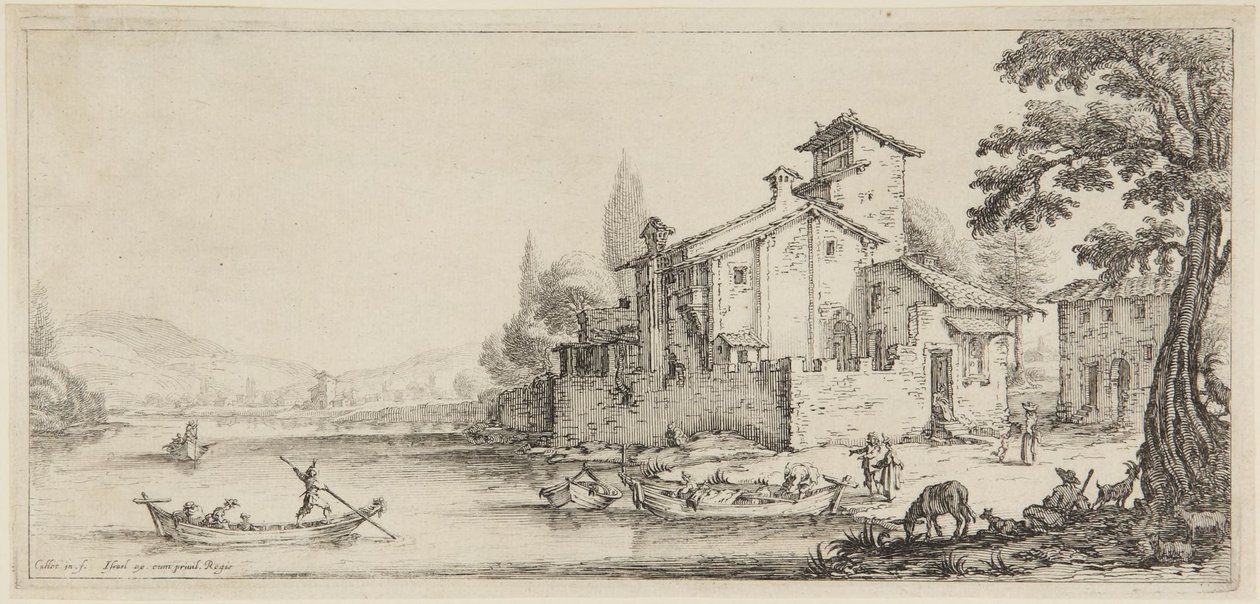 ”Veneajelu”, sarjasta ”Diverse Vedute Designate in Fiorenza” (Firenzen suunnittelemat monipuoliset maisemat) tekijältä Jacques Callot