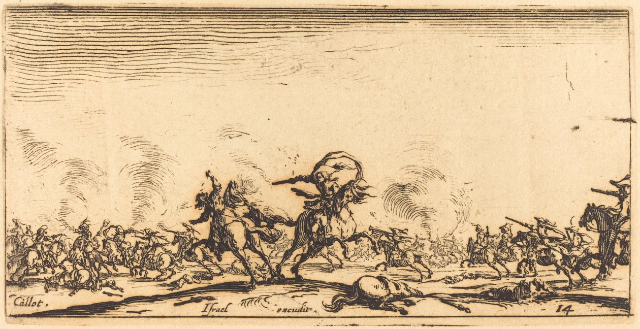 Ratsuväen taistelu pistooleilla, n. 16321634. tekijältä Jacques Callot