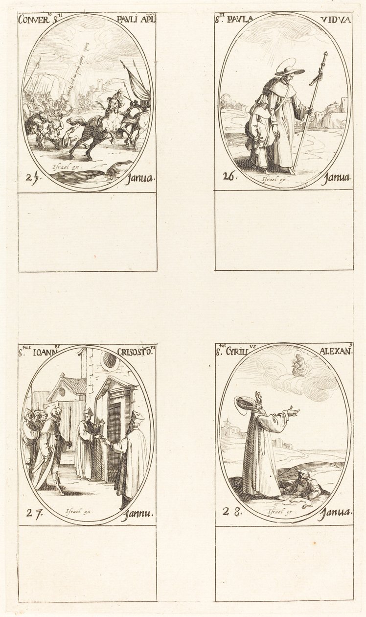 Saulin kääntymys; Pyhä Paavali; St. John Chrysostomos; Pyhä Kyrillus Aleksandrialainen tekijältä Jacques Callot