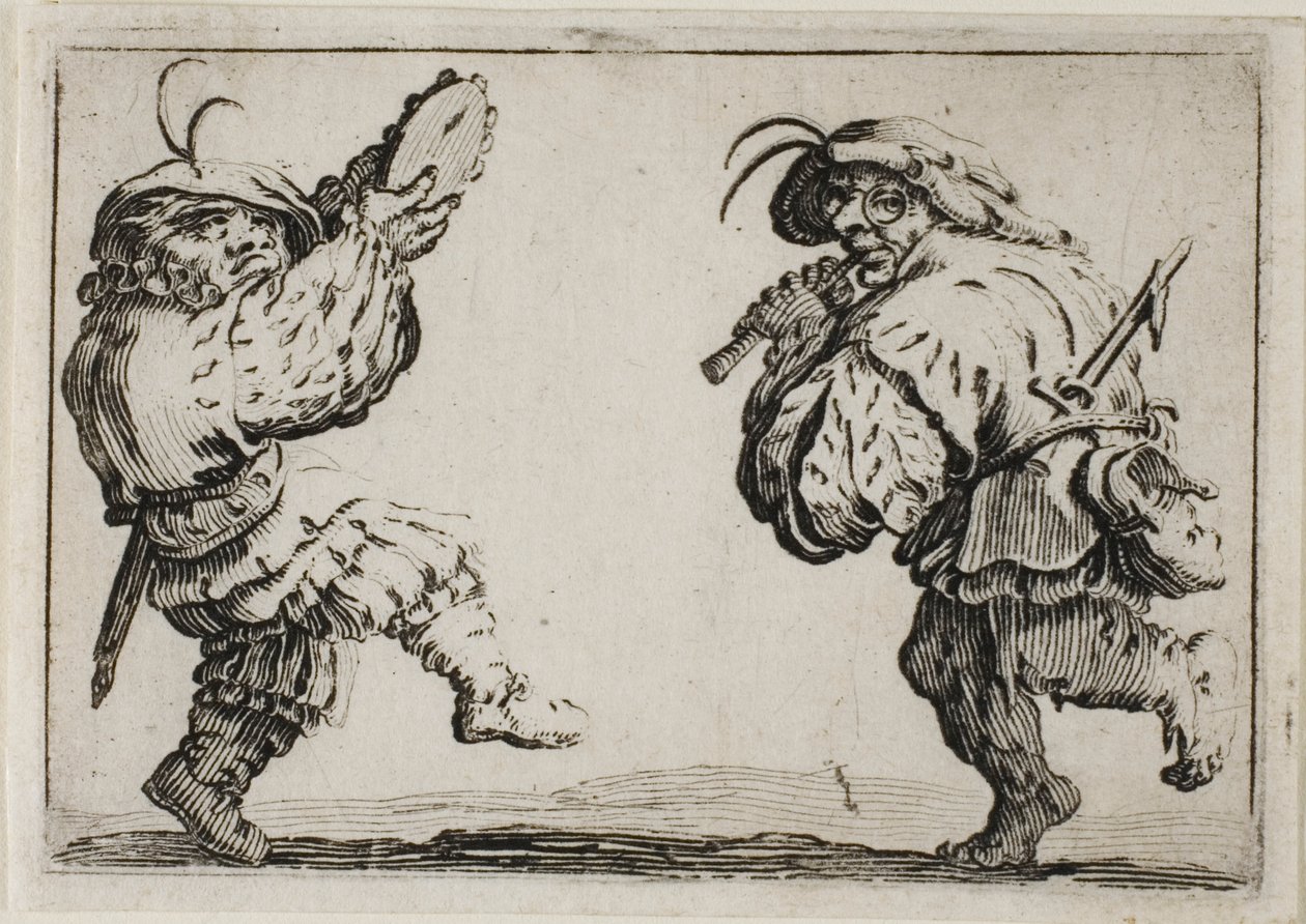 Tanssijat huilun ja tamburiinin kanssa, Capricesista tekijältä Jacques Callot