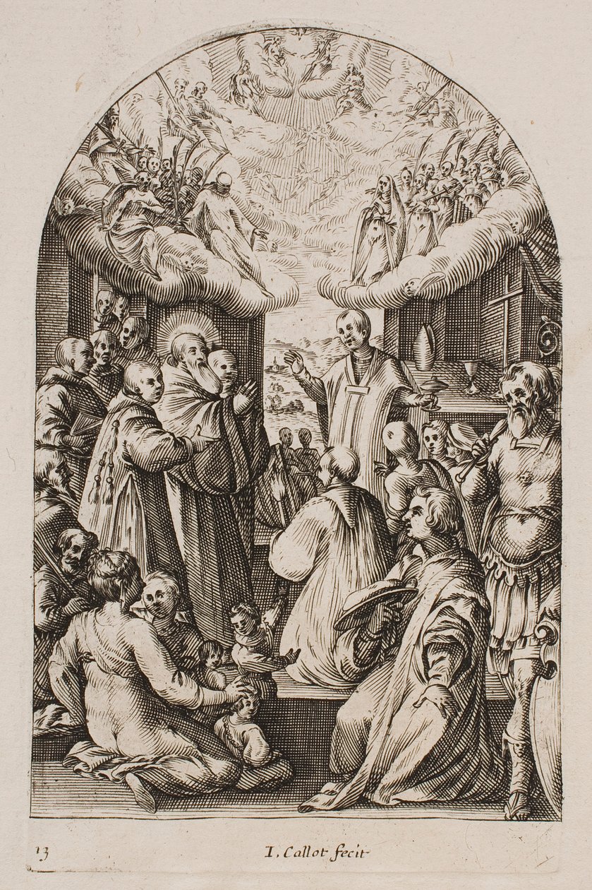 Pyhän Benedictuksen kuolema, sarjasta "Kuvia Roomasta" tekijältä Jacques Callot