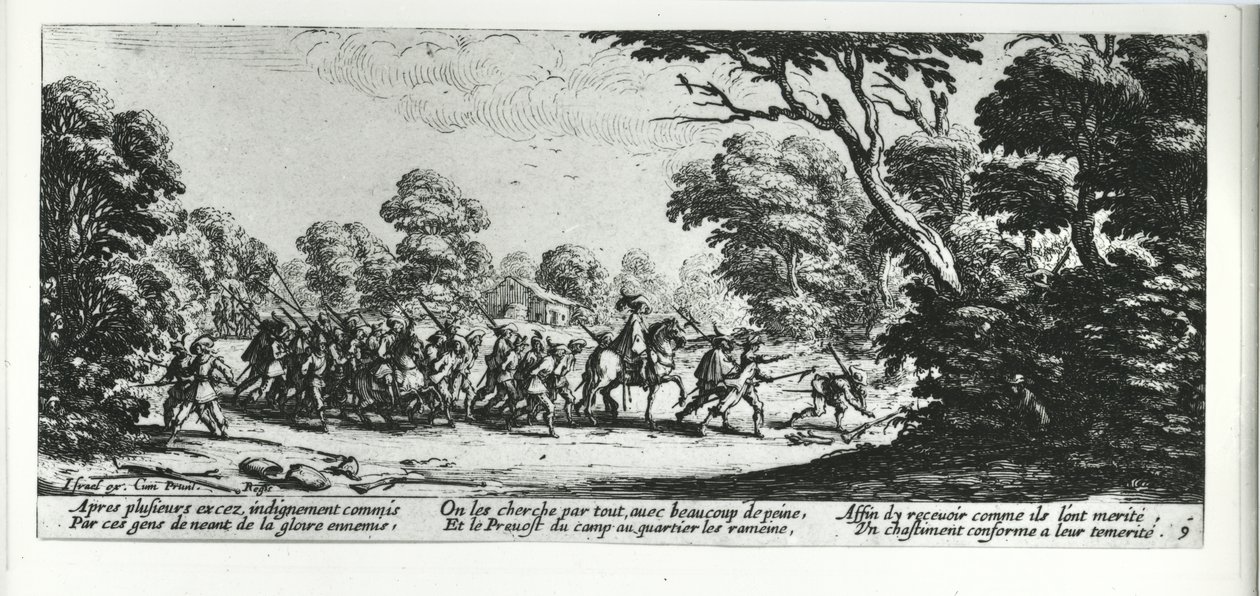 The Discovery of the Brigands, levy 9 teoksesta "The Miseries and Fortunes of War", kaiverrus Israel Henriet (n. 1590-1661) 1633 tekijältä Jacques Callot