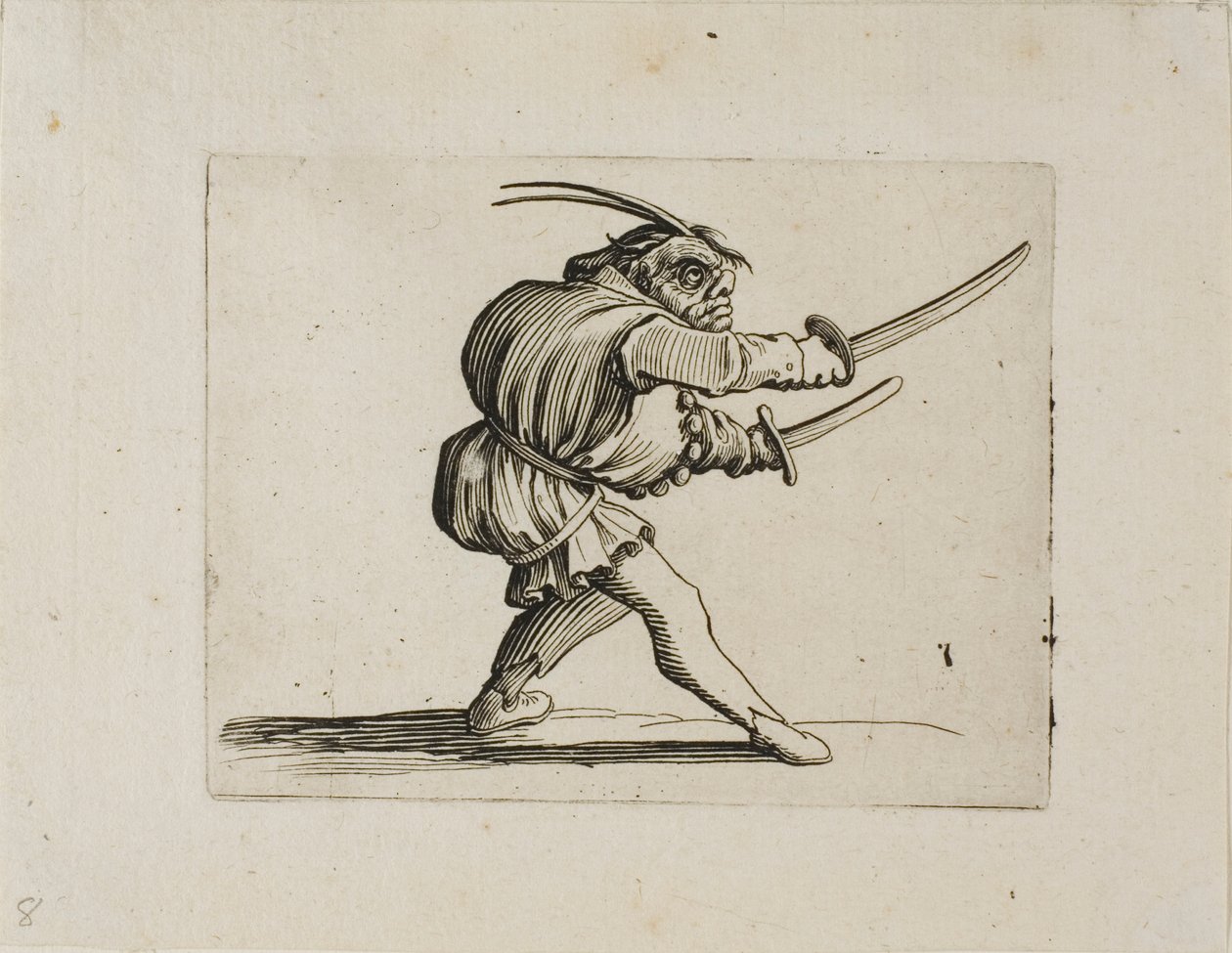 Kaksintaistelija kahdella miekalla, Varie Figure Gobbi tekijältä Jacques Callot