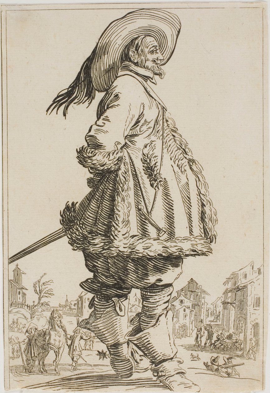 Herrasmies turkisviipaleessa kädet selän takana, sarjasta The Nobility of Lorraine tekijältä Jacques Callot