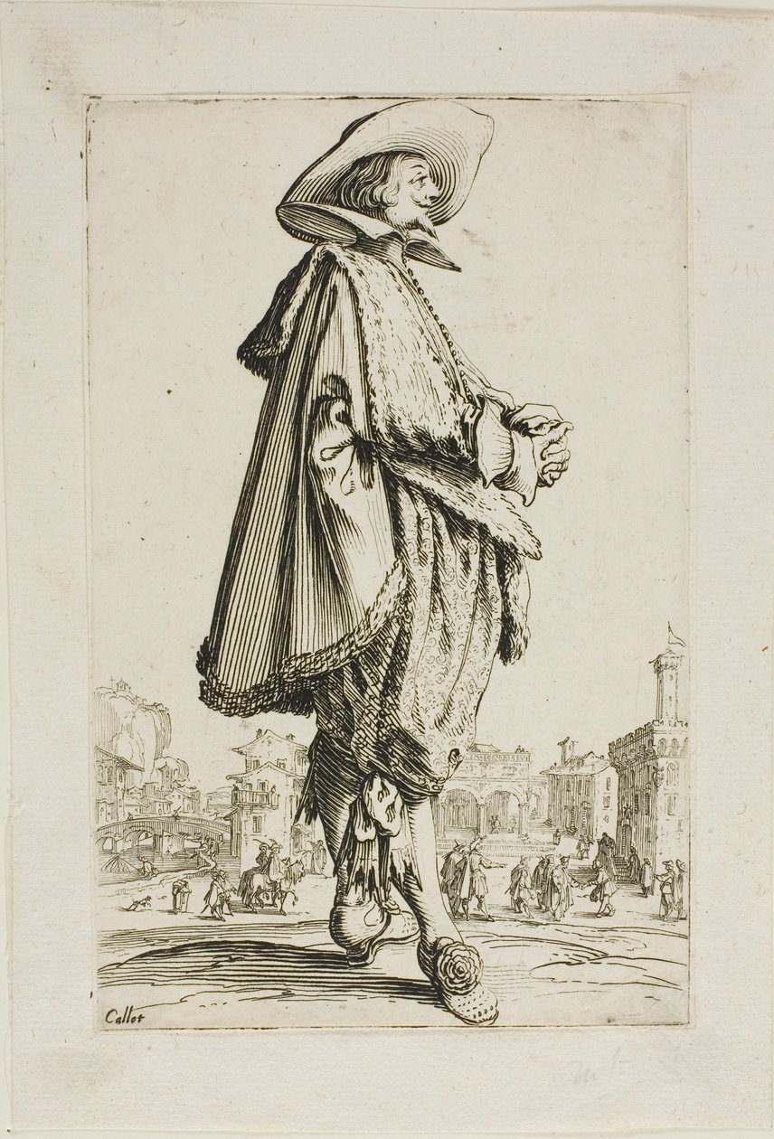 Herrasmies, jolla on kädet puristettuna, levy yksitoista teoksesta La Noblesse. tekijältä Jacques Callot