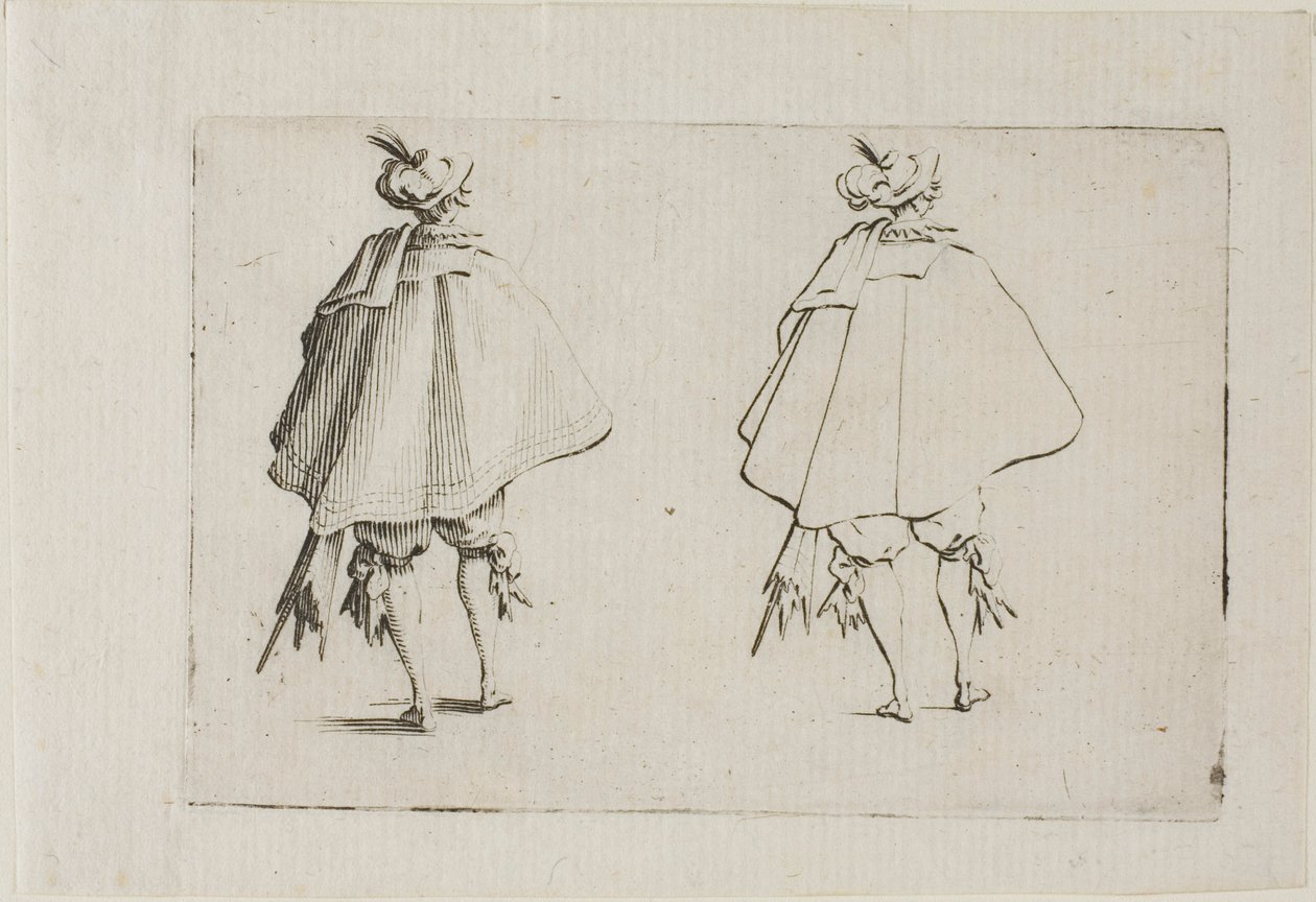 The Capricesin herrasmies, jolla on suuri takki, takaa katsottuna tekijältä Jacques Callot